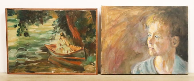2 Ronald Travisano Oils on Canvas Portrait & Boat