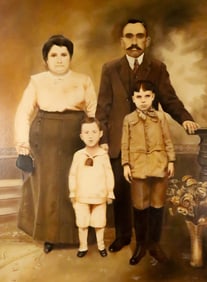 Folk Art Style Oil on Canvas Family Portrait