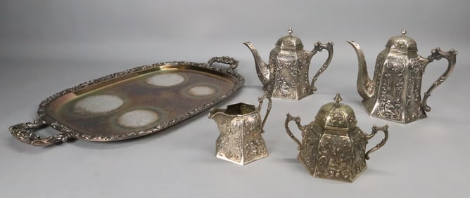 5 Piece 800 Silver Tea Set & Silverplate Tray