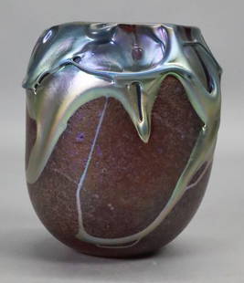Charles Lotton Art Glass Vase: Charles Lotton (American, 1935-). Art glass vase, iridescent and drip. Signed and dated 1979 on the underside. 4 1/2"H. Provenance: The Estate of Ron Travisano, advertising executive responsible for m