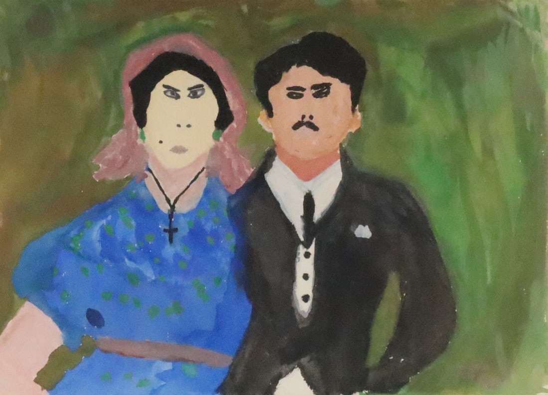 Angela Palladino Gouache Couple: Angela Palladino (Italy, 1929). Gouache, couple. Signed and dated 1965 lower right. 9 1/4" x 12 7/8" (with frame 21 1/4" x 25"). Provenance: The Estate of Ron Travisano, advertising executive responsi