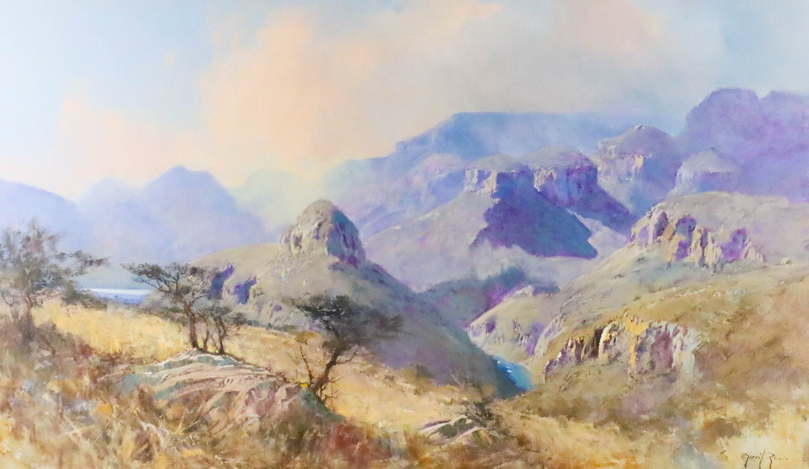 Gerrit Roon Pastel Mountain Landscape: Gerrit Roon (South African, 1937-2017). Pastel, mountain landscape. Signed lower right. 27 1/4" x 47 1/4" (with frame 31 1/2" x 51 1/2"). Provenance: The Estate of Ron Travisano, advertising executive