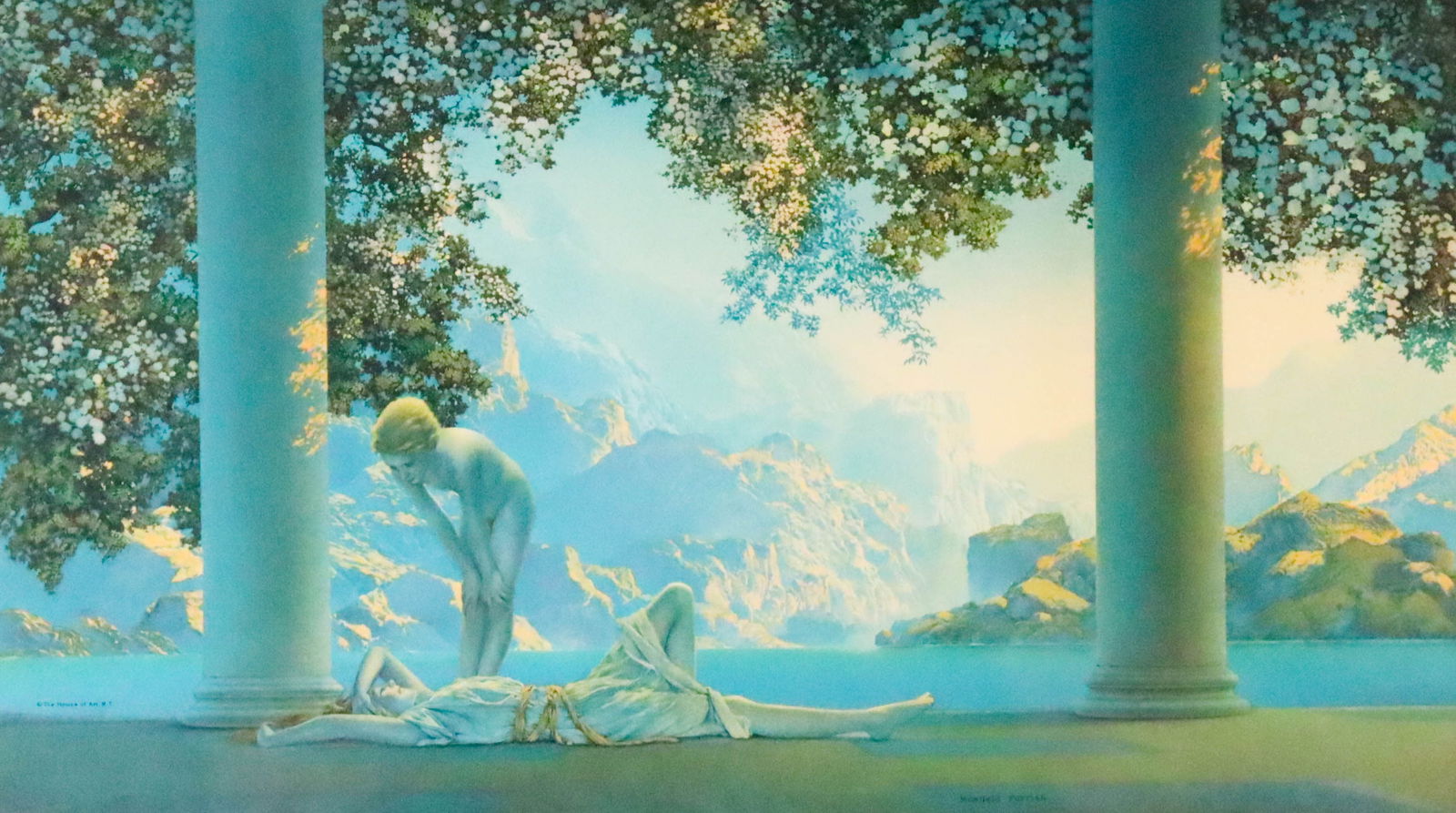 After Maxfield Parrish Lithograph Daybreak: After Maxfield Parrish (American, 1870-1966). Lithograph, Daybreak. Published by The House of Art, N.Y. 10" x 17 3/4" (with frame 17 1/2" x 25 1/2"). Toning and discoloration to mat, chips and losses