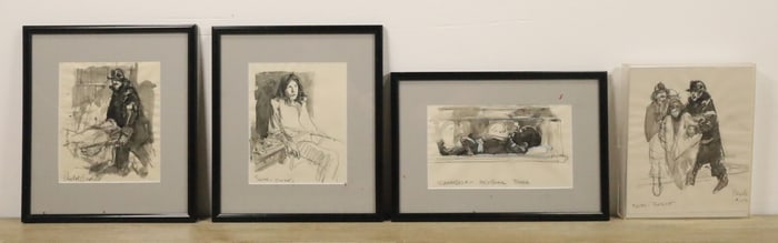 4 Signed Beutel Ink Wash & Pencil Drawings