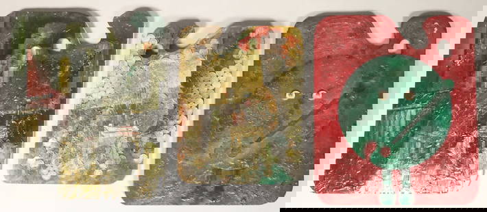 3 Enrique Baster Mixed Media on Wood Palettes: Enrique Baster (Cuban, 1973-). 3 mixed media with oil and coins on wood artist's palettes. Interior, signed, titled and dated 98 upper right, 14 5/8" x 12 1/8"; studio interior signed and dated 98 upp