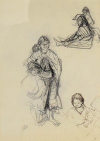 Signed JLM Charcoal Drawing Study Mother & Child