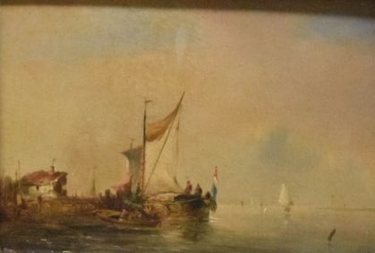 Oil on Wood Panel Harbor Scene