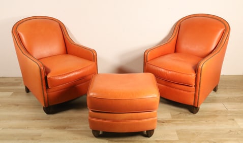 Pair Of Leather Library Club Chairs With Ottoman