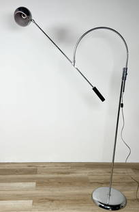 Robert Sonneman "Orbiter" Floor Lamp: Mid-century modern "Orbiter" floor lamp by Robert Sonneman (American, NY, born 1943). Chrome lamp with adjustable height, swivel, and tilt. Lighting has been tested and works. Scuffs, scratches and we