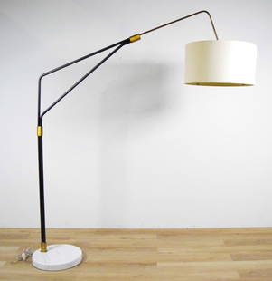 Modern Metal & Marble Floor Lamp: Modern floor lamp. Patinated metal, marble base, fabric shade. 17"H x 53"L without shade (with shade 66"L, shade 19 1/4"-diameter), base 16"-diameter. Cracks to interior of shade, shade separating at
