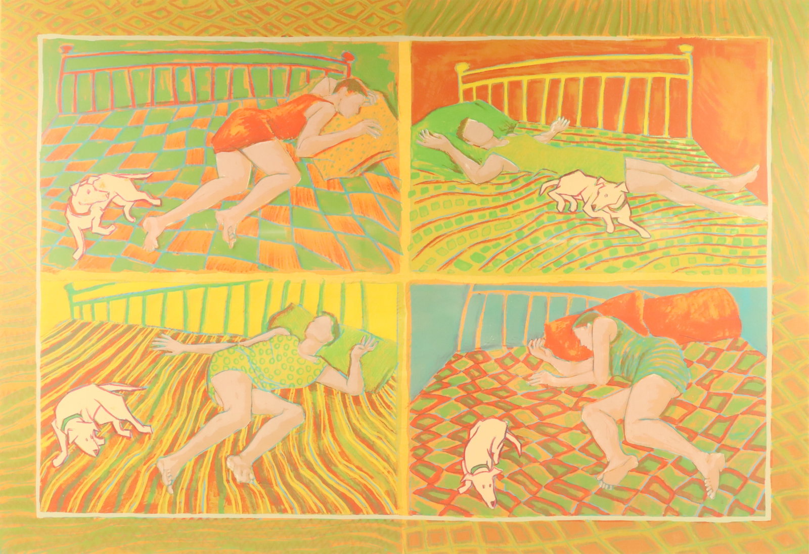 Luz Letts Silkscreen Dormilonas: Luz Letts (Peruvian, 1961-). Silkscreen, Dormilonas (Sleepyheads). Signed, titled and numbered 26/70 in pencil in the lower margin. 19 3/8" x 27 1/2" (with frame 23 1/4" x 31 1/4").