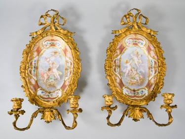Pair Sevres Style Porcelain & Gilt Metal Sconces