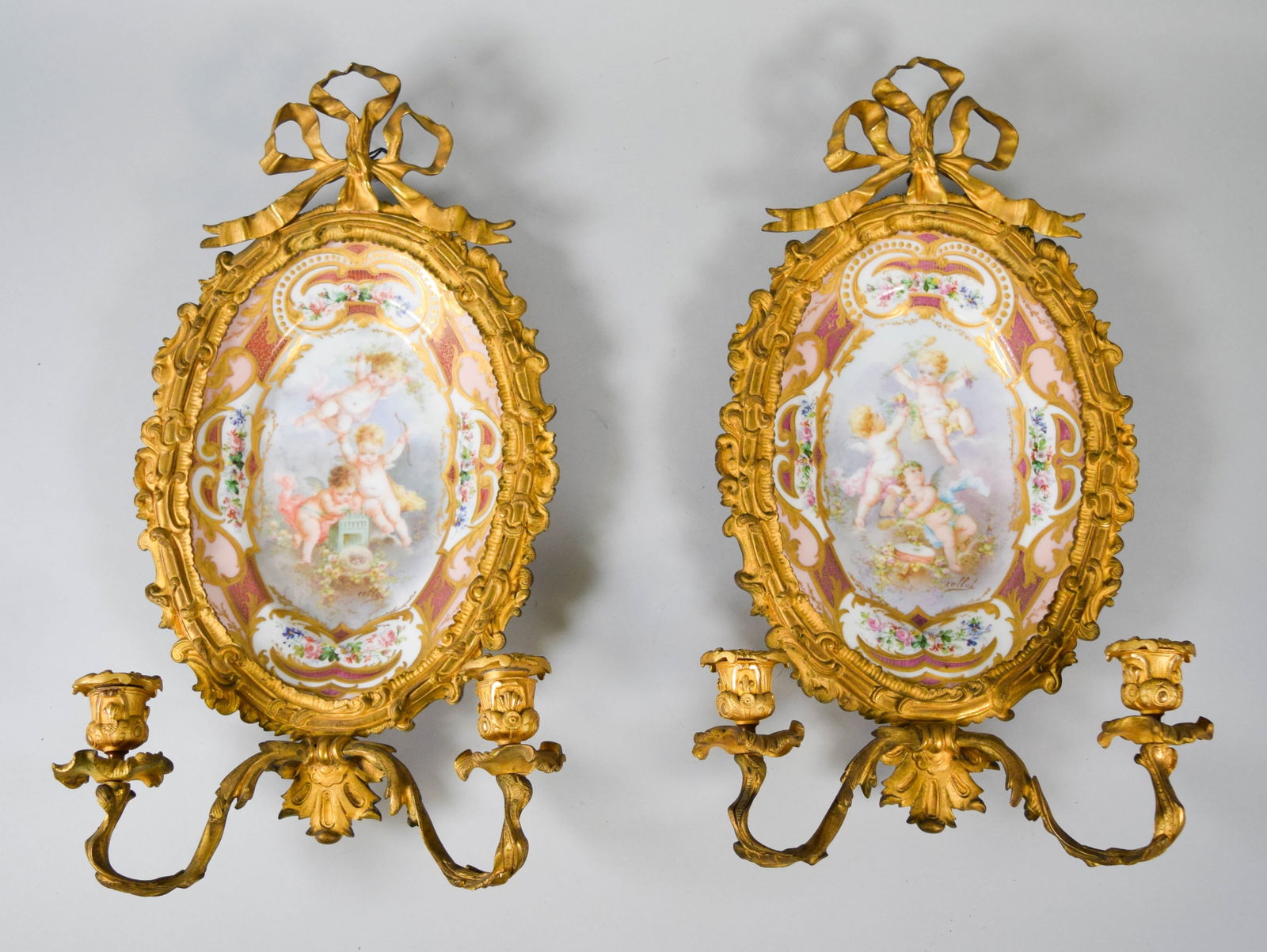 Pair Sevres Style Porcelain & Gilt Metal Sconces (1 of 13)