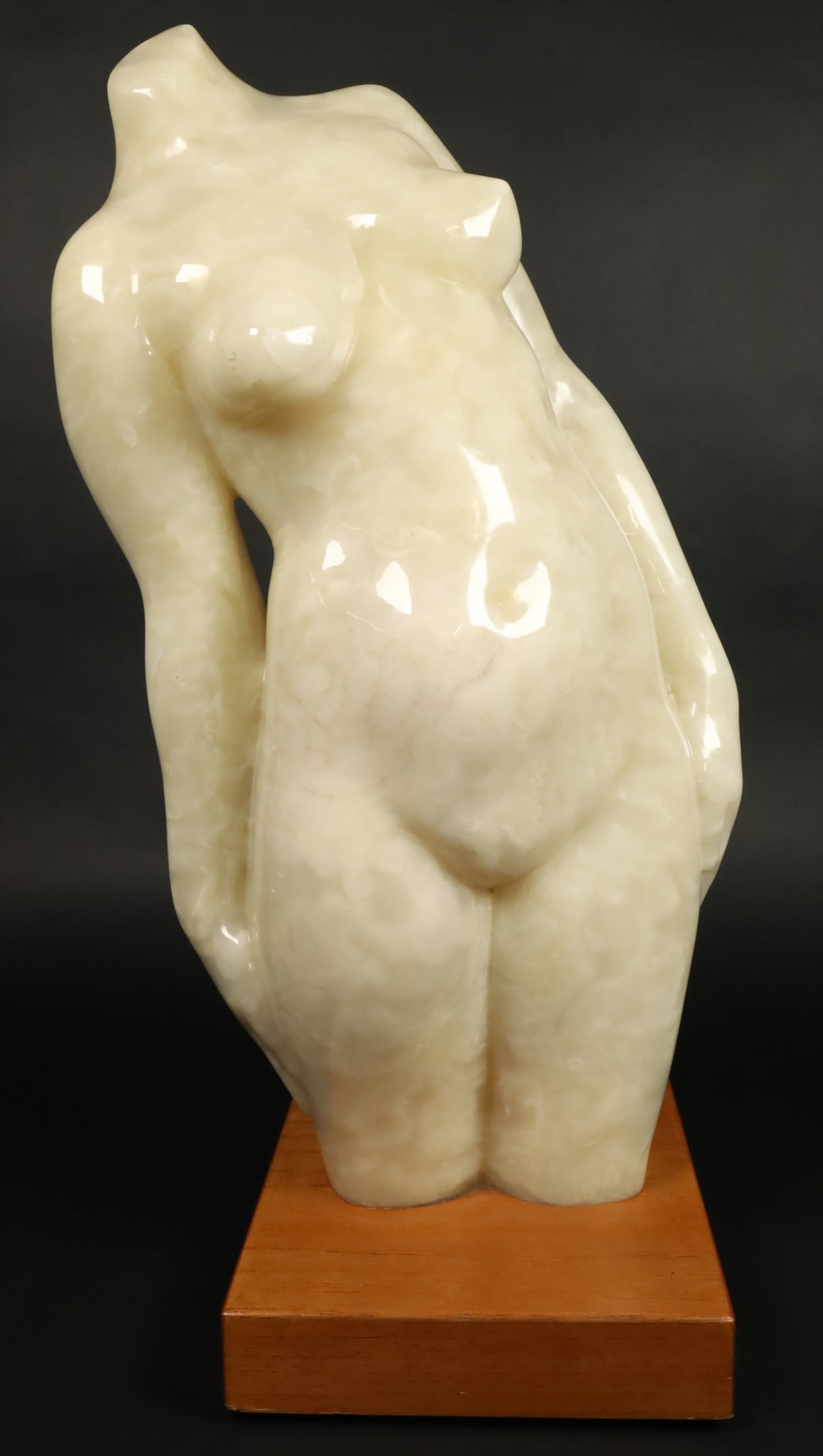 Marble Sculpture Nude Torso: Marble sculpture of a nude torso. On wooden base. Unsigned. With wooden base 8 5/8"L x 9 1/4"W x 24 3/4"H.
