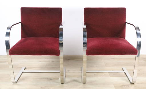 Pair of Ludwig Mies Van der Rohe Brno Chairs: Knoll tags underneath. Flat frames. Scratches to chrome throughout. Rubbing on the top edges of the upholstery. 31 1/4" Tall x 23" Wide x 23" Deep.