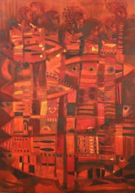 Tomas Pineda Matus Oil on Canvas Personas en Rojo