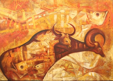 Tomas Pineda Matus Oil on Canvas Steer & Fish