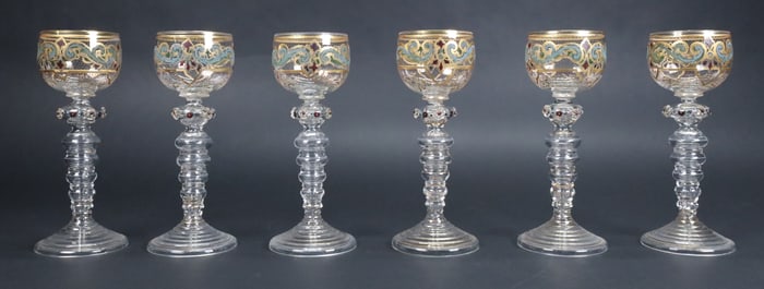 6 Continental Roemer Style Glass Goblets