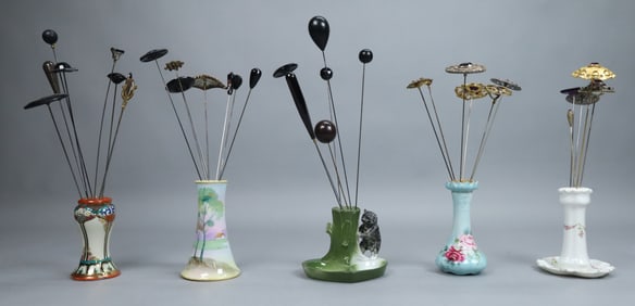 32 Hatpins & 5 Porcelain Holders