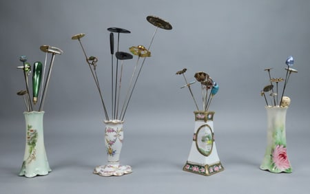 31 Hatpins & 4 Porcelain Holders