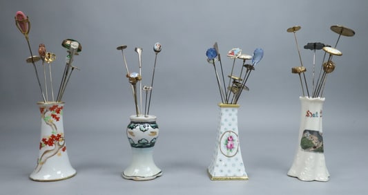 34 Hatpins & 4 Porcelain Holders