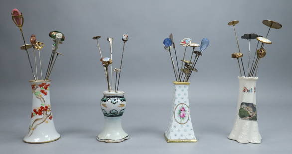 34 Hatpins & 4 Porcelain Holders: 34 hatpins, with 4 porcelain hatpin holders. Hatpins including enamel, organizational, porcelain, gold tone, silver tone, golf, figural, glass. Holders including Nippon, Willow Art. Hatpin with green