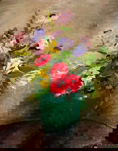 Annemarie Cseh Still Life Of Flowers Oil On Board: Annemarie Cseh (Hungarian / Austrian, born circa 1926). Oil on board still life with flowers. Signed lower right "A. M. Cseh". Sight size 19 1/2" Tall x 15 1/2" Wide. With frame 25 1/2" Tall x 21