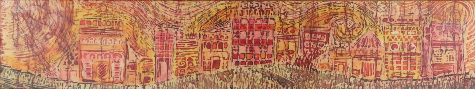 Heliodoro Santa Coloma Batik Painting: Heliodoro Santa Coloma (American, 1931-2013). Batik painting on fabric laid down on board. Signed lower right. 14 3/4" x 78 1/2" (with frame15 3/8" x 79").