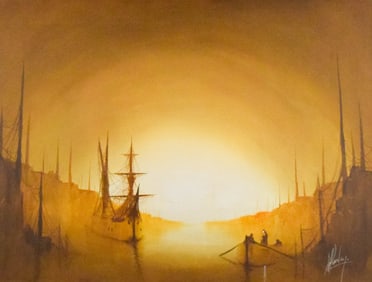 Signed Oil on Canvas Boats in Sunset