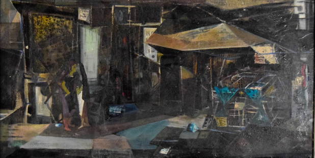 Modern Oil on Canvas Two Figures: Modern oil on canvas, two figures. Unsigned. 17 1/2" x 33 1/2" (with frame 19" x 35"). Crazing throughout, paint loss center left, small hole upper right.