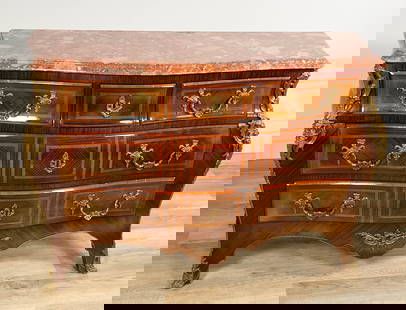 Marble Top Louis XV Style Bombe Chest: Marble top Louis XV style bombe chest. 34 1/4" Tall x 50 1/2" Wide x 19" Deep