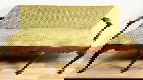 English Carved Settee: English carved settee. Some rubbing, splits and dings to wood. 34" Tall x 73 1/2" Wide x 21" Deep x Seat Height 21"