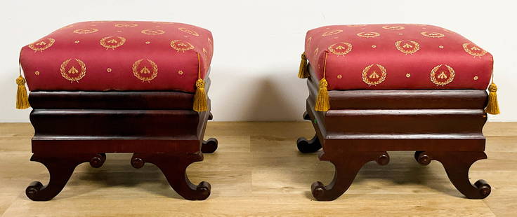 Pair Of Regency Footstools: Pair of Regency footstools with tassels. Losses to veneer and rubbing. 16 1/2" Tall x 19" Wide x 14 1/2" Deep.