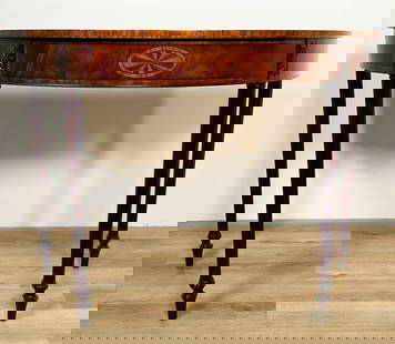 Demi Lune Table With Parquetry Top: Demi lune table with parquetry top. Nicks and scratches throughout. 35" Tall x 48" Wide x 24 1/4" Deep