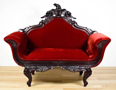 Empire Style Carved Sofa: Empire style sofa. Red upholstery, eagle carving. 62 1/2"L x ???"D x 51"H. Minor scratches to feet.