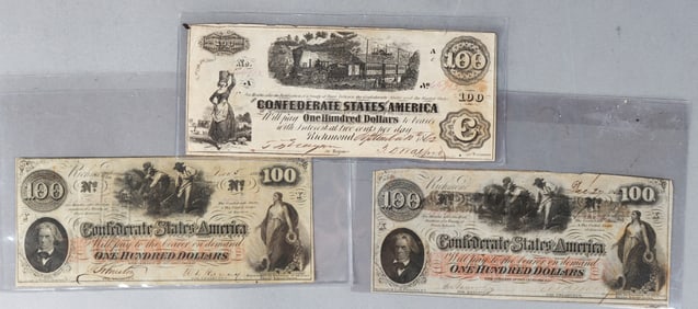 3 $100 Confederate States of America Notes