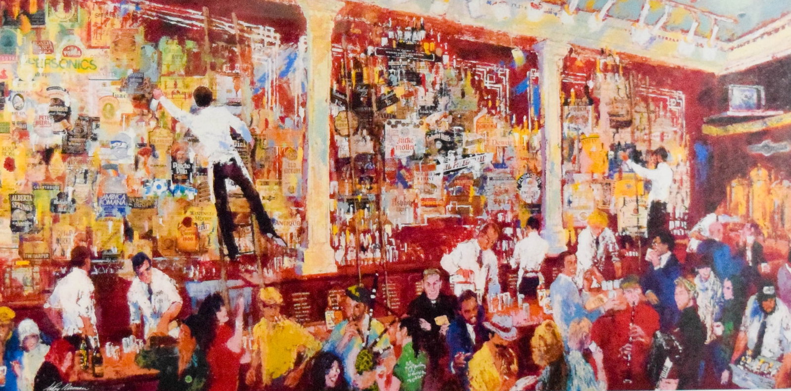 LeRoy Neiman F.X. McRory's Whiskey Bar Print: LeRoy Neiman (American, 1921-2012). Print, F.X. McRory's Whiskey Bar. Signed in the plate lower left, signed and dated 80 in the plate lower right and hand signed lower right. 21 1/4" x 37 1/4" (with 