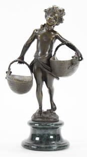 After Auguste Moreau Bronze Girl With Baskets: After Auguste Moreau (French, 1834-1917). Bronze sculpture, Girl With Flower Baskets. On marble base. Signed on the base of the bronze Aug. Moreau. 10 3/4"H.