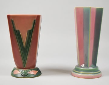 2 Roseville Futura Vases Pleated Star & Victory