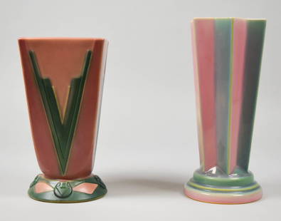 2 Roseville Futura Vases Pleated Star & Victory: 2 Roseville Pottery Futura vases. Pleated Star, 8 1/8"H; and Victory Vee, 7 1/4"H. Both unsigned. Victory Vee chip to the base. Provenance: The Estate of Dr. Benard Dreyer. Dr. Benard Dreyer, past pre