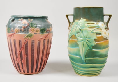 2 Roseville Pottery Vases Cherry Blossom & Luffa