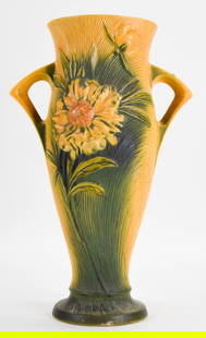 Roseville Peony Yellow Two Handled Vase: Roseville Pottery Peony pattern two handled vase in yellow. Signed on the underside Roseville U.S.A. 70-18. 18 3/4"H. Chips to the base, chips to both handles, scratches and crazing throughout.
