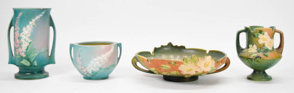 4 Pieces Roseville Pottery White Rose & Foxglove: 4 pieces Roseville Pottery, White Rose and Foxglove patterns. 2 pieces White Rose in brown, console center bowl, 392-10, 3 3/4"H x 10 1/2"-diameter; and two handled vase, 146-6, 6 1/2"H. 2 pieces Foxg