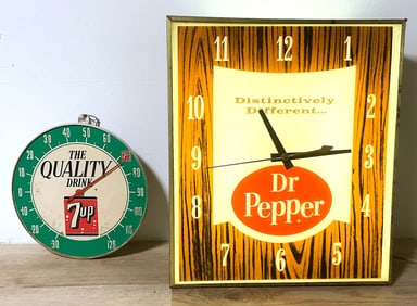 7up And Dr Pepper Advertising Clock Thermometer