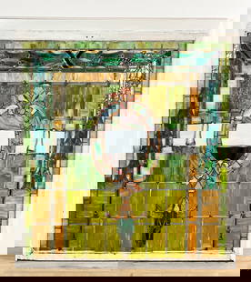Stained Glass Window: Stained glass window. Damage throughout the frame. Window itself has one small pane with a crack in it. With frame 57 1/2" Tall x 51" Wide. Just glass 50" Tall x 46 3/4" Wide.