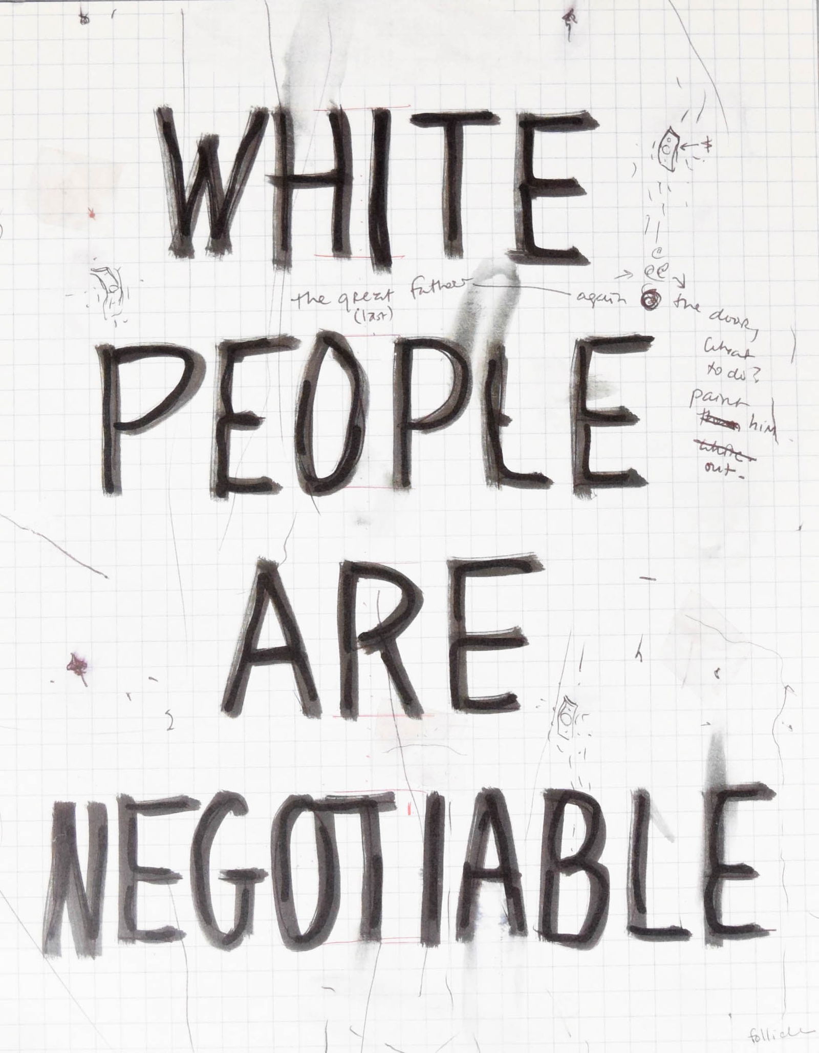 William Pope.L Offset Print White People 4487/4500: William Pope.L (American, 1955-2023). Offset print, White People Are Negotiable. Stamped signature and hand numbered 4487/4500 on verso. Unframed. Sheet 10 5/8" x 8 3/8". Small indentation along edge