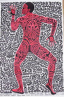 Keith Haring Into 84 Shafrazi Exhibition Poster: Keith Haring (American, 1958-1990). Lithograph exhibition poster, Into 84, Tony Shafrazi Gallery, New York, 1984. Signed in the plate lower right. Unframed. Sheet 35" x 23". Waviness to paper, small t