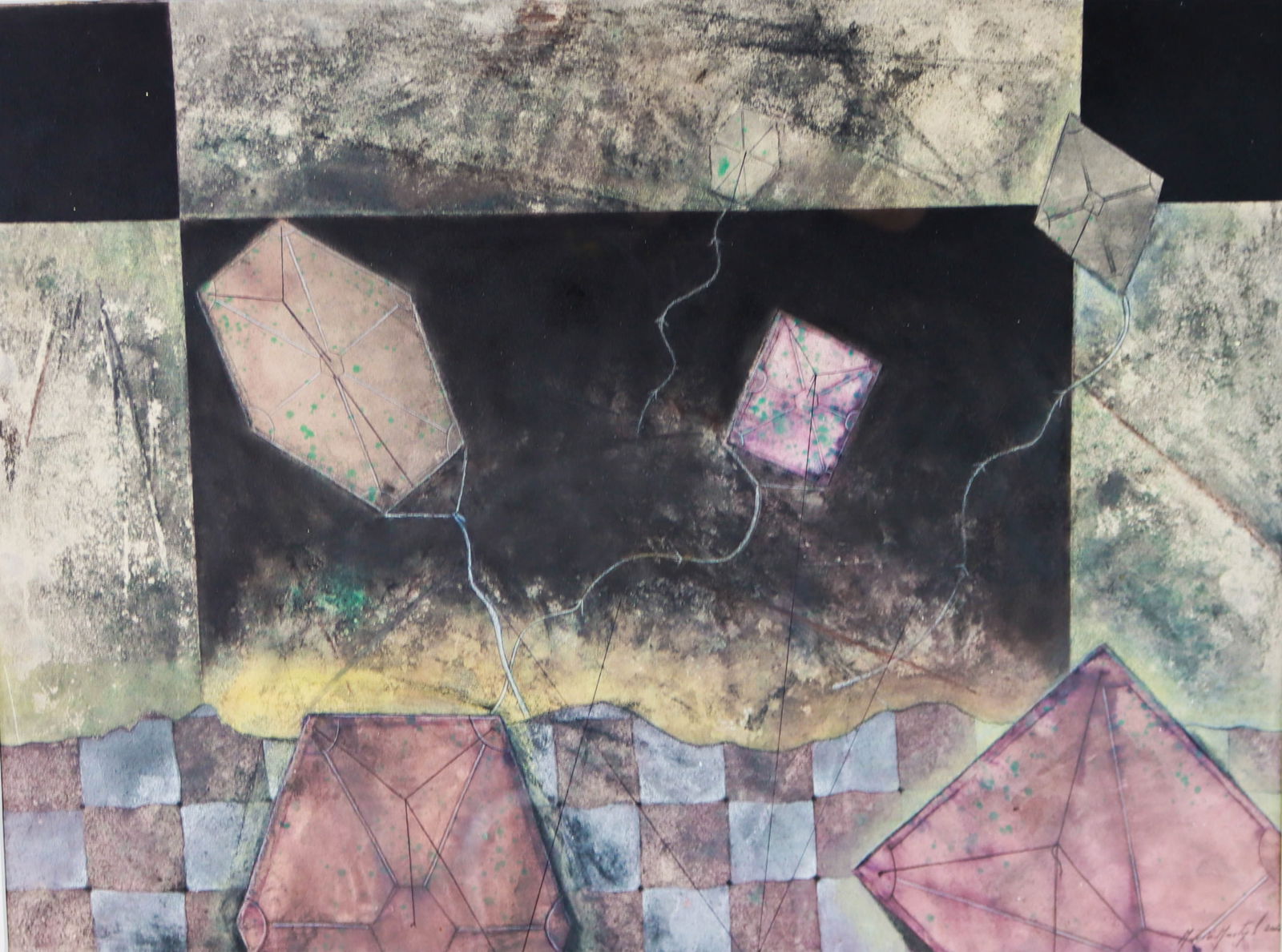 Mario Martin del Campo Mixed Media Kites: Mario Martin del Campo (Mexican, 1945). Mixed media, kites. Signed and dated 2002 lower right. 21 3/4" x 29" (with frame 33 1/4" x 43 3/4").