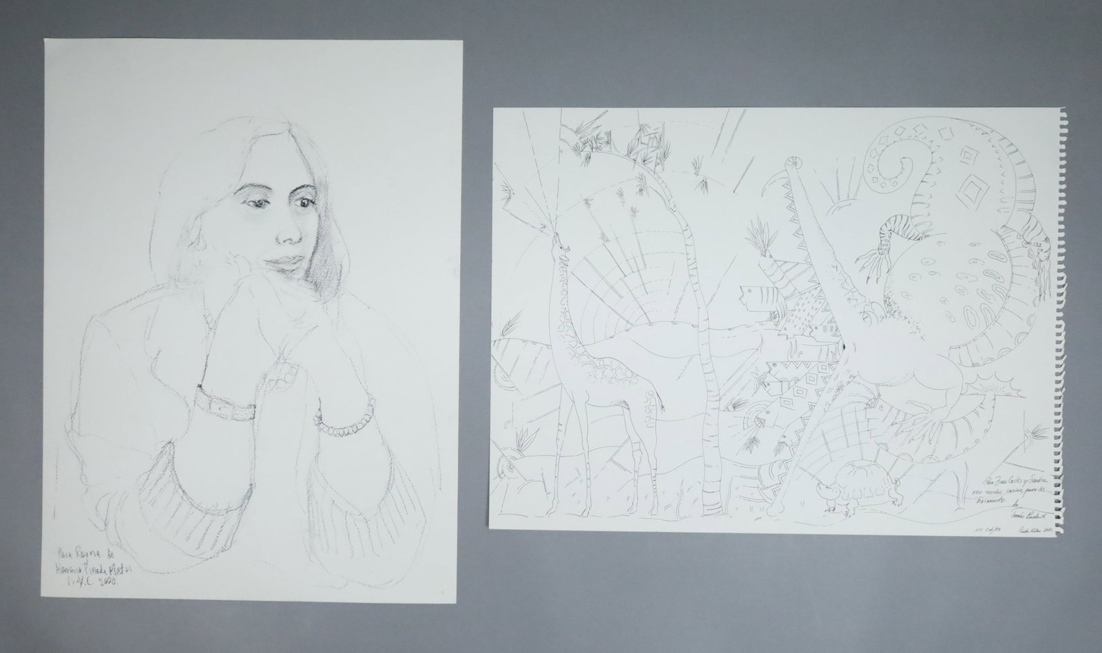 2 Drawings Mariano & Tomas Pineda Matus: 2 drawings. Mariano Pineda Matus charcoal, portrait of a woman, signed and dated 2000 lower left, sheet 24" x 18"; Tomas Pineda Matus, ink on paper, animals, signed with inscription and dated 2000 low