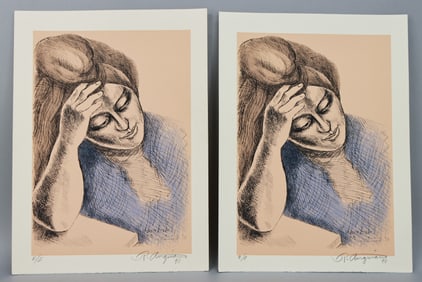 2 Raul Anguiano Lithographs Pensativa